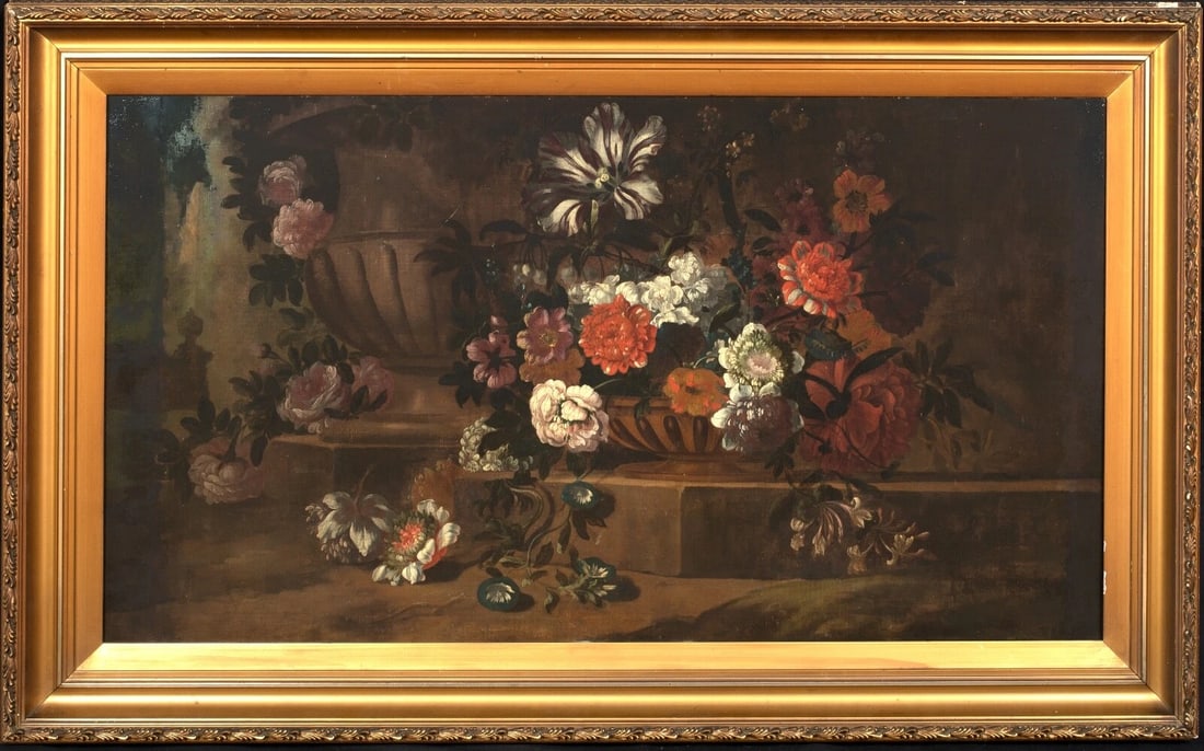 STILL LIFE OF FLOWERS IN A CLASSICAL URN OIL PAINTING: Year: 18th century Size: 51" x 32" Medium: Oil Description: Huge 18th Century Dutch School Old Master Still Life of flowers in a classical urn in a garden, oil on canvas. Excellent quality and conditi