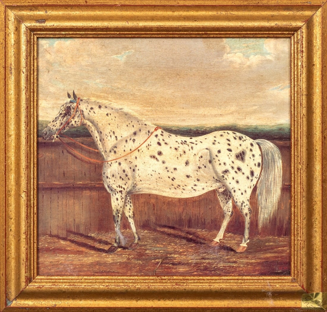 PORTRAIT OF AN APPALOOSA HORSE IN A YARD OIL PAINTING: Year: 19th century Size: 14" x 13.5" Medium: Oil Description: H. Milnes, oil on board, 19th-century portrait of an Appaloosa horse in a yard. A rare early image of the breed, which has gained populari