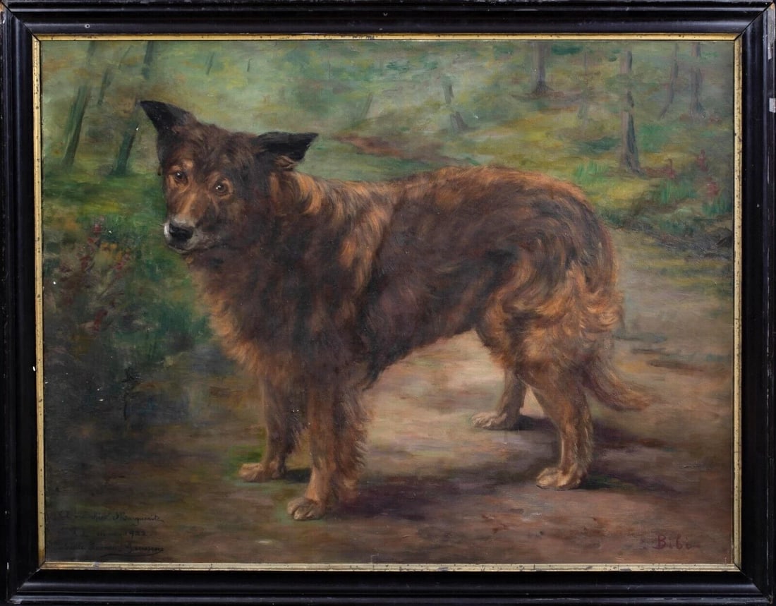 PORTRAIT OF A SHEEPDOG DOG BIBI OIL PAINTING: Year: 20th century Size: 40" x 30" Medium: Oil Description: Gabrielle Lauren-Janssens painted a large oil picture of "Bibi," an early French Sheepdog, in 1922. Outstanding waelt illustration of the br