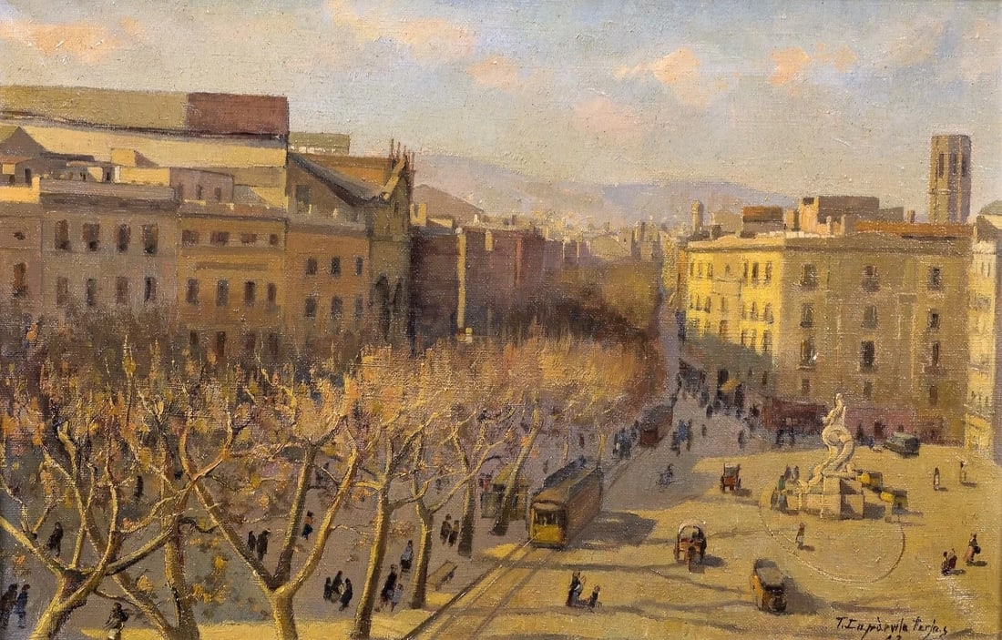 STREET SCENE OF BARCELONA OIL PAINTING: Year: 20th century Size: 25" x 18" Medium: Oil Description: Beautiful large-scale oil painting by Joaquin Companys depicting a street scene in Barcelona, Spain, in the 20th century. broad perspective