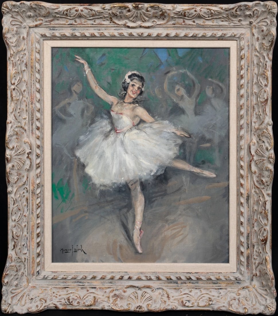 PORTRAIT OF A BALLERINA OIL PAINTING: Year: 20th century Size: 25" x 21" Medium: Oil Description: Marcel Bloch painted a large oil portrait of a ballerina in the early 20th century. Signed and framed, in good quality and condition. Dimens