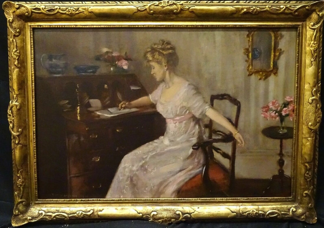 PORTRAIT OF AN ELEGANT LADY OIL PAINTING: Year: 19th century Size: 35" x 25" Medium: Oil Description: Beautiful huge oil on canvas painting of a woman at her writing desk from the 19th century by Percy Sturdee. Outstanding example of the arti