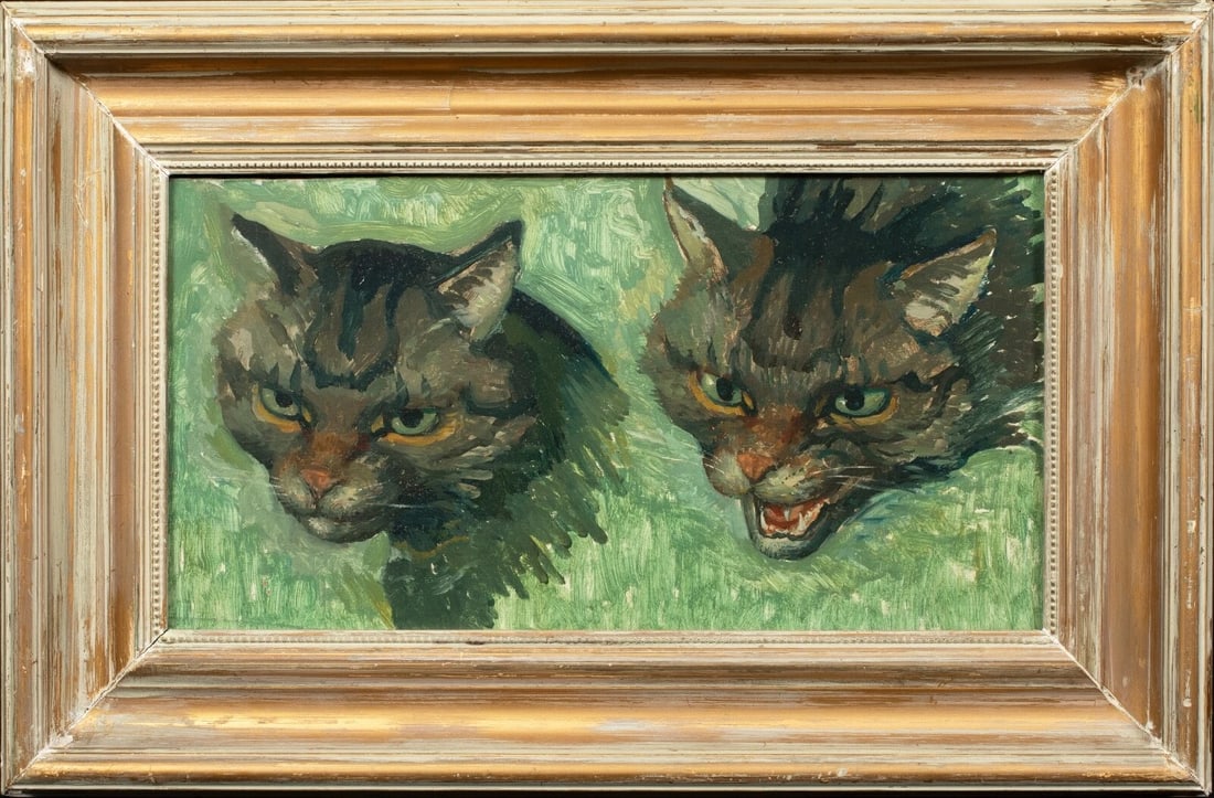 PORTRAIT OF TWO TABBY CATS OIL PAINTING: Year: 20th century Size: 20" x 13" Medium: Oil Description: Lionel Ellis studied the skulls of two cats with oil on board in the early 20th century. Excellent quality and condition, with a gilded fram