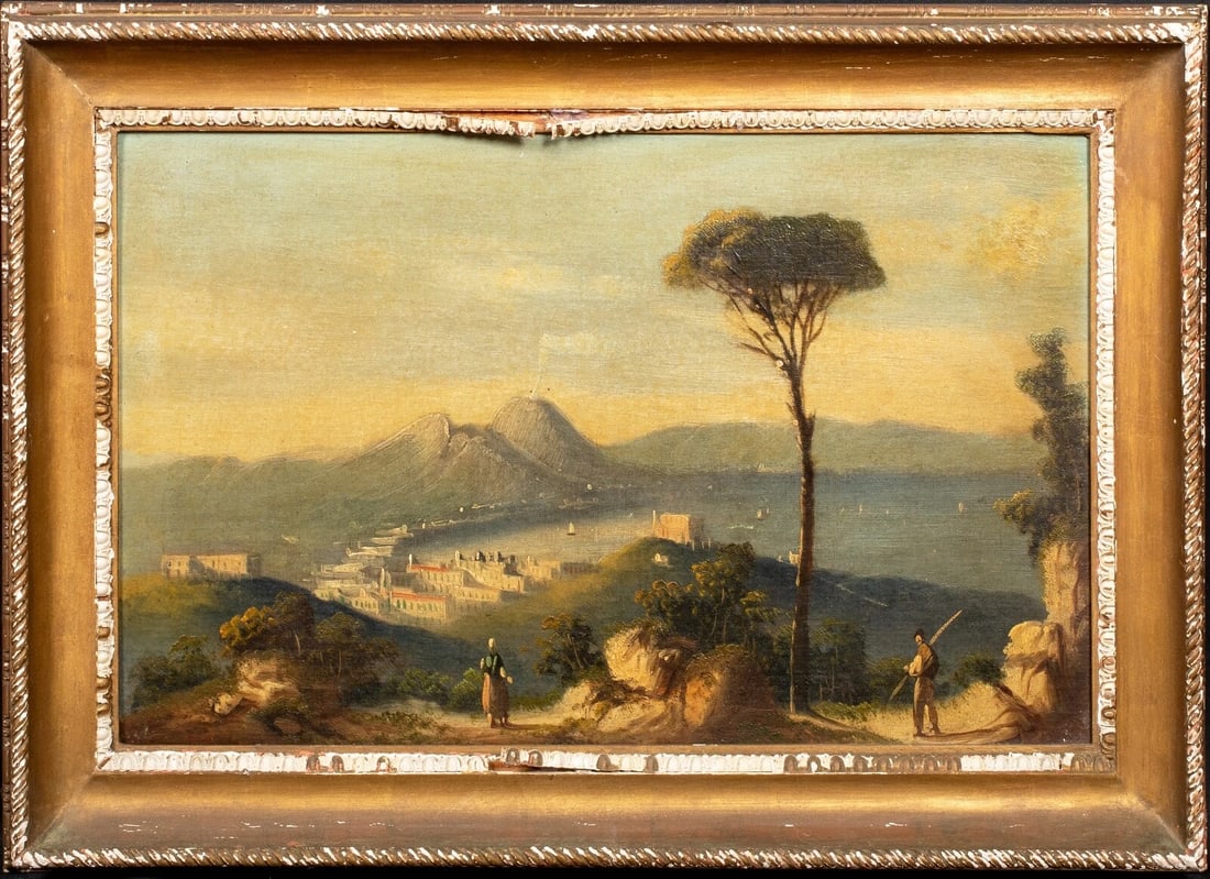 VIEW OF THE BAY OF NAPLES WITH MOUNT VESUVIUS OIL PAINTING: Year: 19th century Size: 25" x 17" Medium: Oil Description: Neapolitan School: One of two oil paintings from the 19th century depicting the Bay of Naples with Mount Vesuvius in the background. Excelle