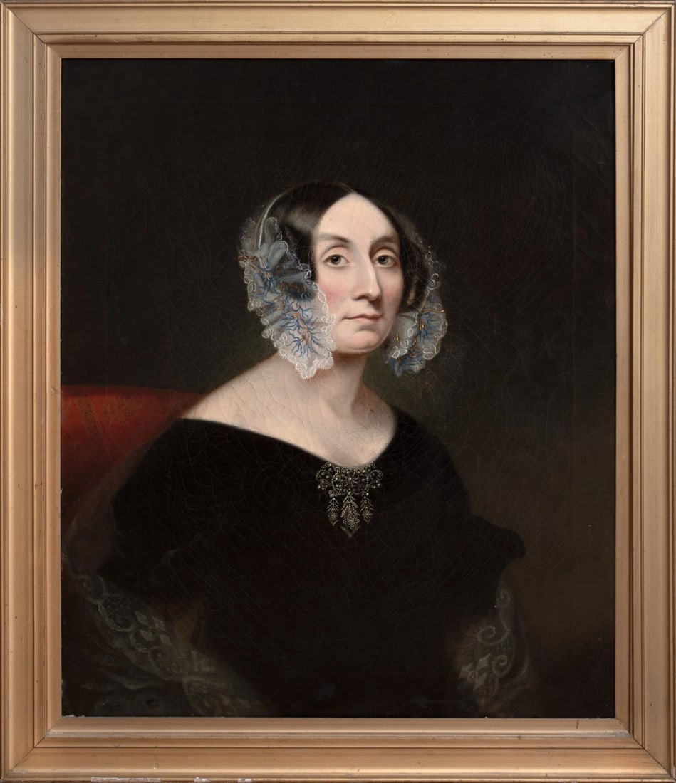 PORTRAIT OF A VICTORIAN LADY OIL PAINTING: Year: 19th century Size: 35" x 30" Medium: Oil Description: Large oil on canvas portrait of a woman from the Victorian School in the 19th century. The portrait of the woman sitting with an interesting