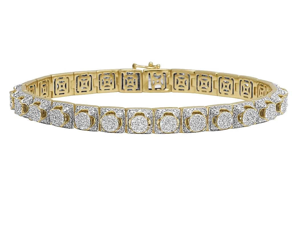 REAL 10K YELLOW GOLD GENUINE DIAMOND CLUSTER DESIGNER BRACELET: Real 10K Yellow Gold Genuine Diamond Cluster Designer Bracelet Brand: None Type: Bracelet Material: 10K Yellow Gold, Main Stone/Creation Natural Color: Gold Size: Dimension(s) 8MM, 8.5" Accessori