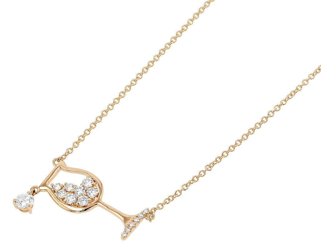 14K YELLOW GOLD PEAR & ROUND CUT DIAMOND WINE GLASS NECKLACE: 14K Yellow Gold Pear & Round Cut Diamond Wine Glass Necklace Brand: None Type: Necklace Material: 14K Yellow Gold, Main Stone/Creation Natural Color: Gold Size: Necklace Length 18" Width 1mm Acce