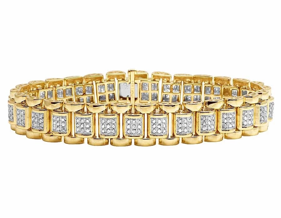 10K YELLOW GOLD GENUINE DIAMOND MEN'S LINK BRACELET: 10K Yellow Gold Genuine Diamond Men's Link Bracelet Brand: None Type: Bracelet Material: 10K Yellow Gold, Main Stone/Creation Natural Color: Gold Size: Dimension(s) 9" 13mm Accessories: None <