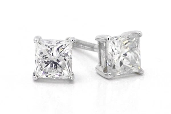 14K WHITE GOLD PRINCESS CUT DIAMOND SOLITAIRE STUDS EARRING (1 of 3)