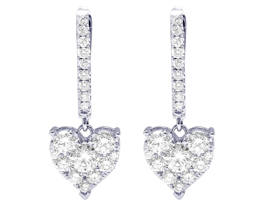 LADIES 14K WHITE GOLD REAL DIAMOND HEART HOOPED DANGLE EARRINGS (1 of 4)