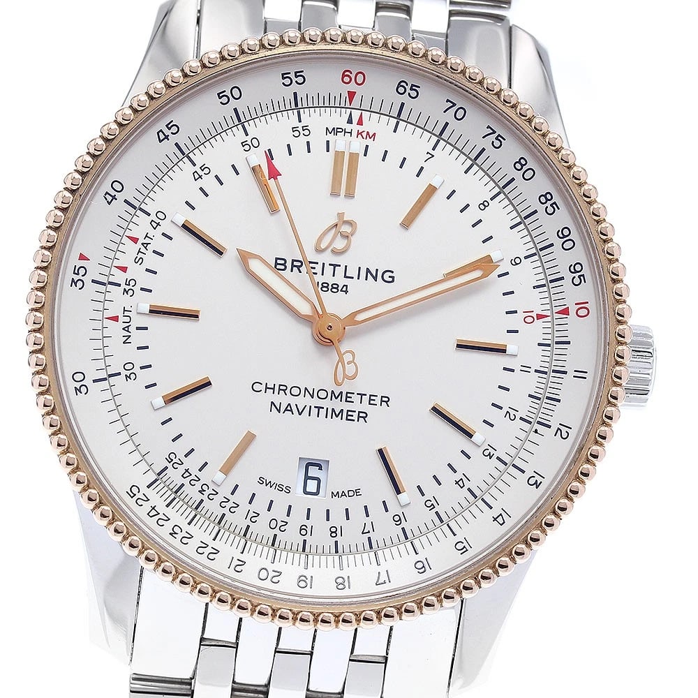 BREITLING NAVITIMER WATCH: BREITLING Navitimer Watch Brand: BREITLING Type: Wristwatch Material: Band Material Stainless Steel, Case Material Stainless Steel/K18PG Color: Band Color Silver, Dial Color Silver, Case Color Silv