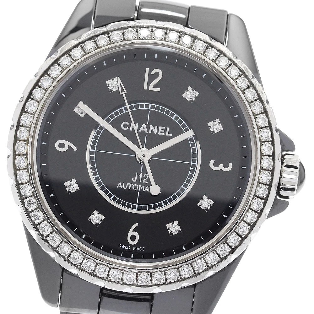 CHANEL J12 BLACK CERAMIC DIAMOND BEZEL WATCH: CHANEL J12 Black ceramic diamond bezel Watch Brand: CHANEL Type: Wristwatch Material: Band Material Stainless Steel / ceramic, Case Material Stainless Steel / ceramic Color: Band Color black,