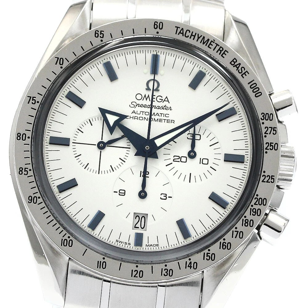 OMEGA SPEEDMASTER BROAD ARROW CHRONOGRAPH WATCH: OMEGA Speedmaster Broad Arrow Chronograph Watch Brand: OMEGA Type: Wristwatch Material: Band Material Stainless Steel, Case Material Stainless Steel Color: Band Color Silver, Dial Color white, Case