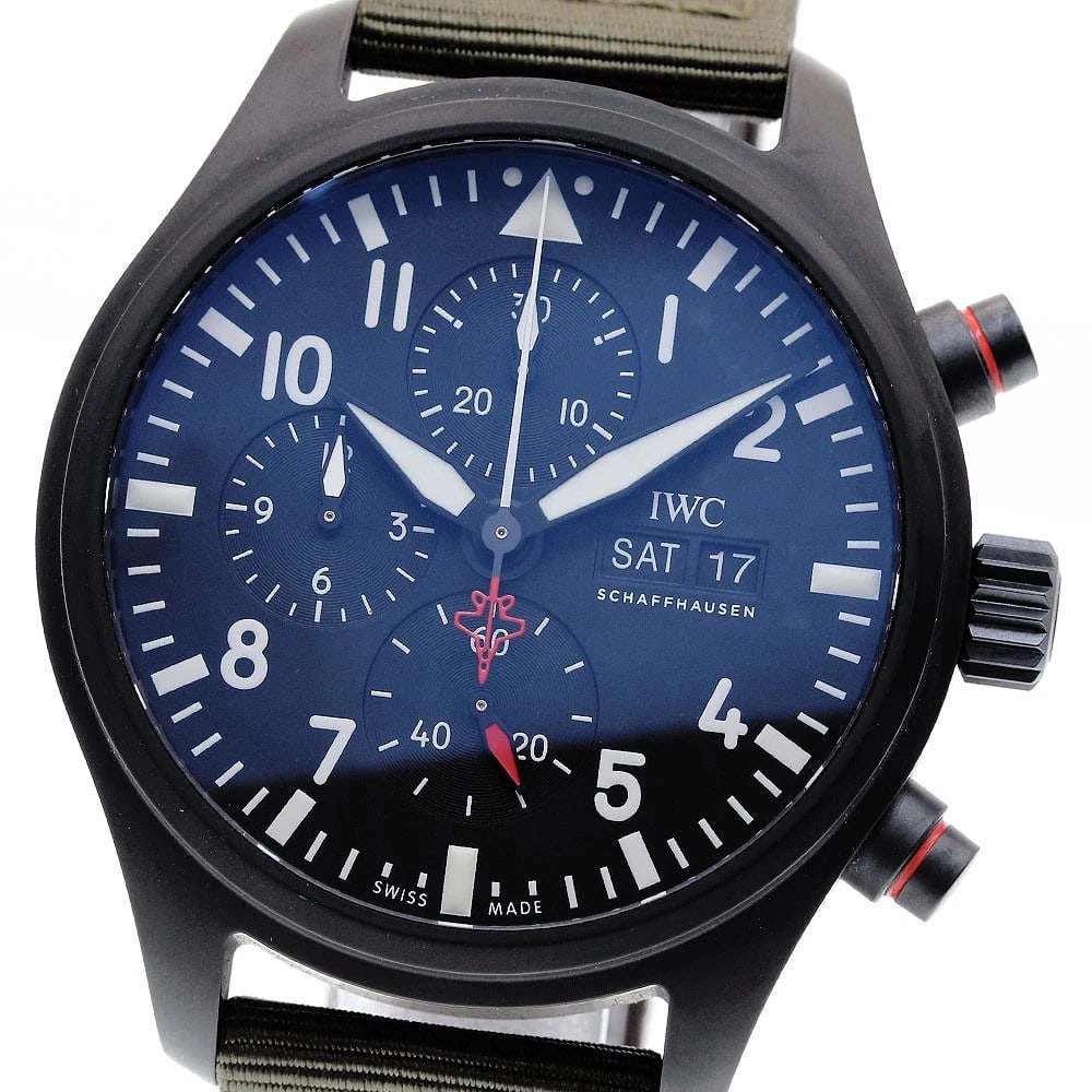 IWC PILOT WATCH CHRONOGRAPH WATCH: IWC Pilot Watch Chronograph Watch Brand: IWC SCHAFFHAUSEN Type: Wristwatch Material: Band Material Nylon / leather, Case Material ceramic Color: Band Color khaki, Dial Color black, Case Color black
