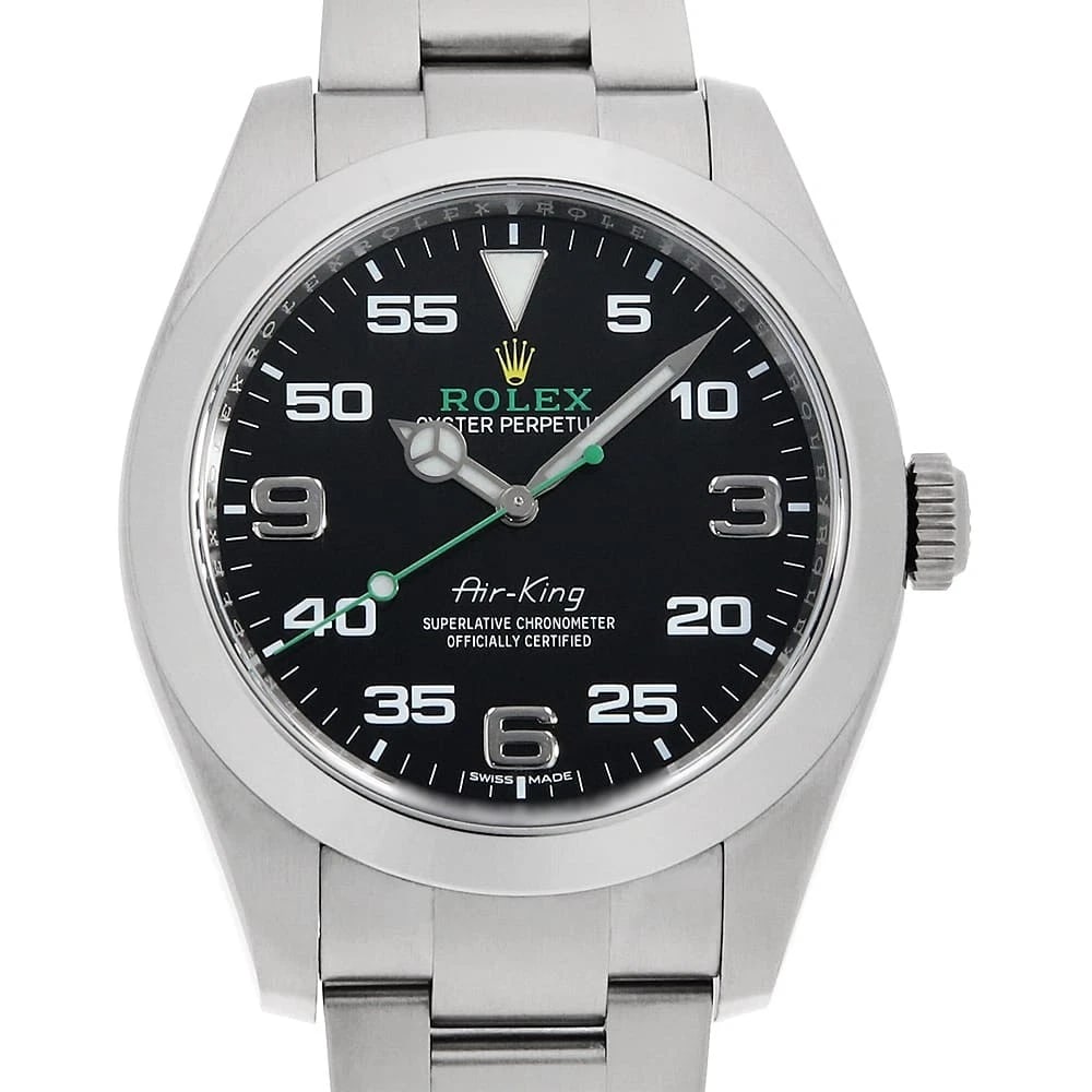 ROLEX AIR KING BLACK WATCH: ROLEX Air king black Watch Brand: ROLEX Type: Wrist watch Material: Band Material Stainless Steel, Case Material Stainless Steel Color: Dial Color Black Size: Case:W40mm Circumference of