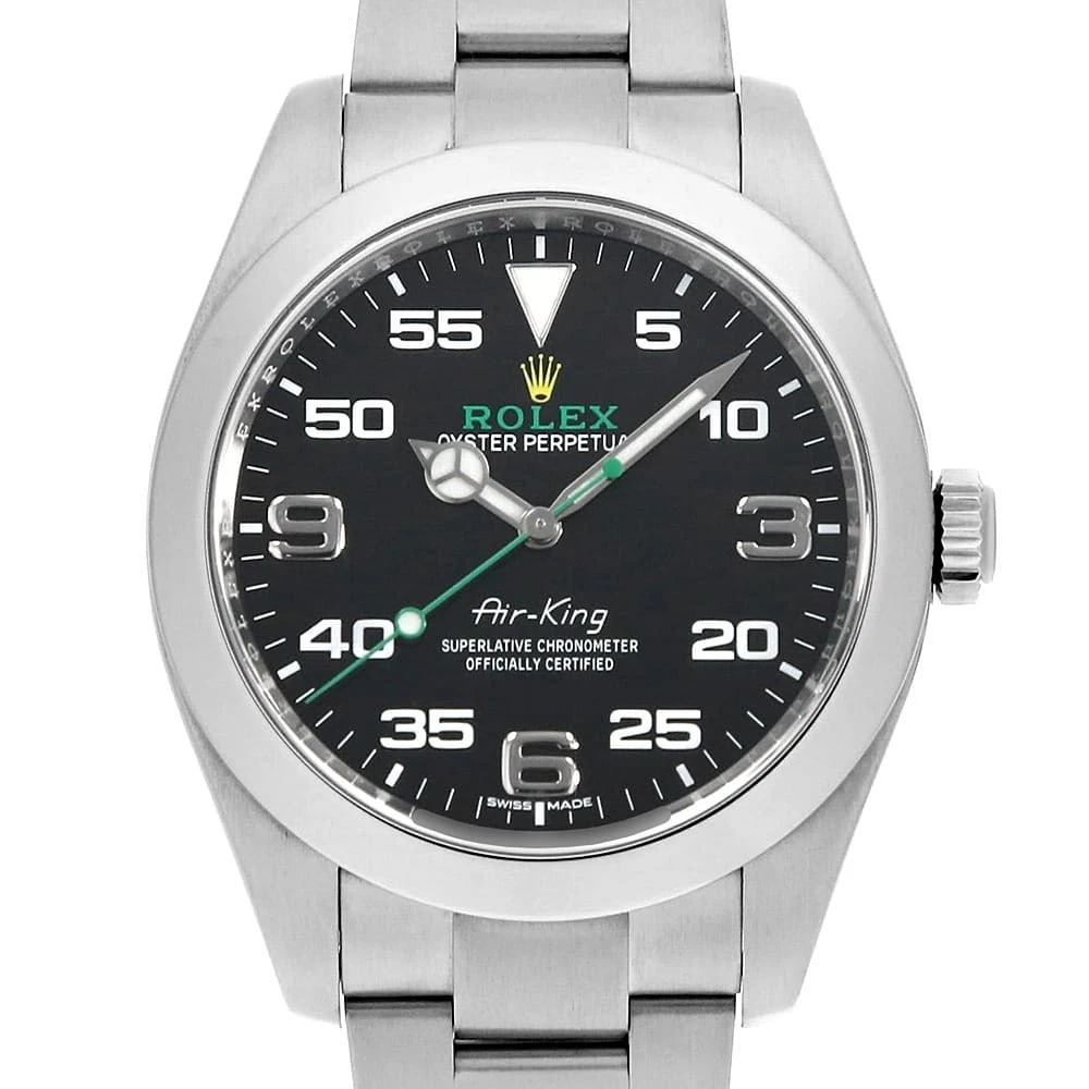ROLEX AIR KING BLACK WATCH: ROLEX Air king black Watch Brand: ROLEX Type: Wrist watch Material: Band Material Stainless Steel, Case Material Stainless Steel Color: Dial Color Black Size: Case:W40mm Circumference of Wrist:19c