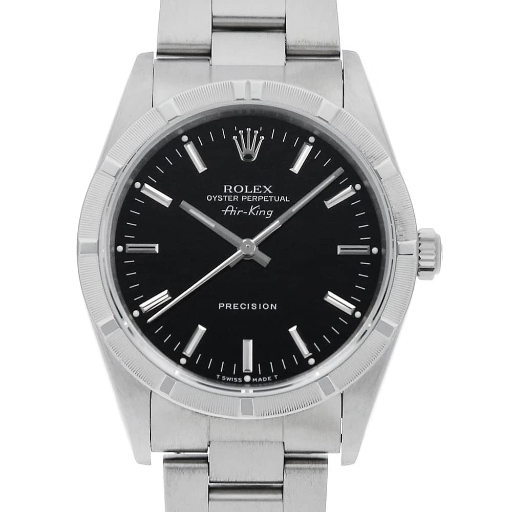 ROLEX AIR KING BLACK WATCH: ROLEX Air king black Watch Brand: ROLEX Type: Wrist watch Material: Band Material Stainless Steel, Case Material Stainless Steel Color: Dial Color Black Size: Case:W34mm Circumference of Wrist:18c