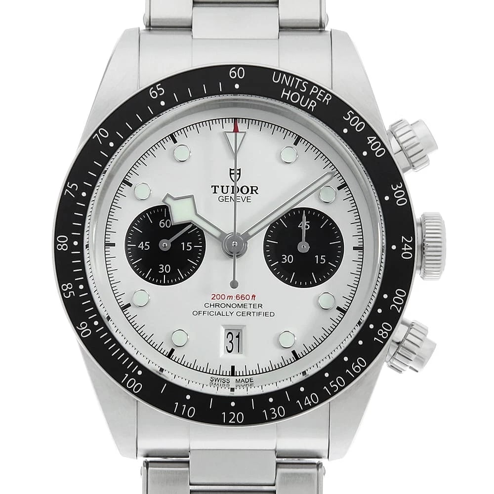 TUDOR BLACK CHRONO WATCH: TUDOR Black Chrono Watch Brand: TUDOR Type: Wrist watch Material: Band Material Stainless Steel, Case Material Stainless Steel Color: Dial Color Opaline Size: Case:W41mm Circumference of Wrist:21c