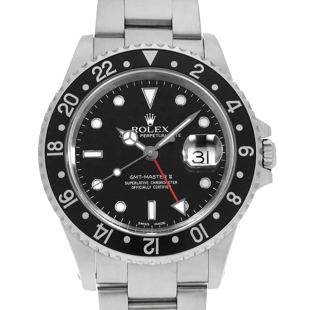 ROLEX GMT MASTER BLACK WATCH: ROLEX GMT Master black Watch Brand: ROLEX Type: Wrist watch Material: Band Material Stainless Steel, Case Material Stainless Steel Color: Dial Color Black Size: Case:W40mm Circumference of