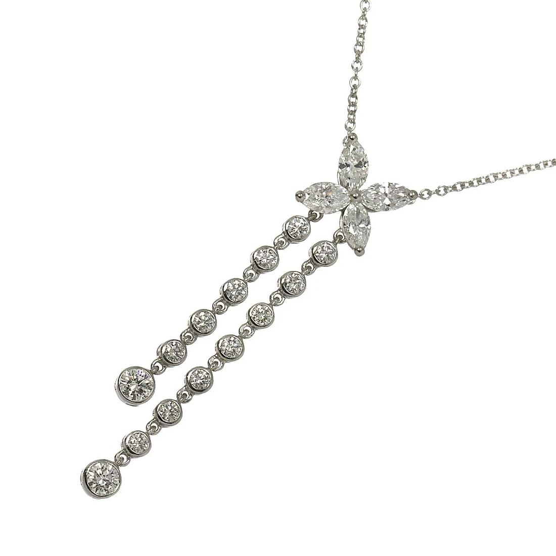 TIFFANY CO. VICTORIA DOUBLE DROP DIAMOND NECKLACE: Tiffany Co. Victoria Double drop Diamond Necklace Brand: TIFFANY Co. Type: Necklace Material: Platinum, Color: Platinum Size: internal circumference of the chain:15.7inch Top Charm:W8.5 x H41.2 mm