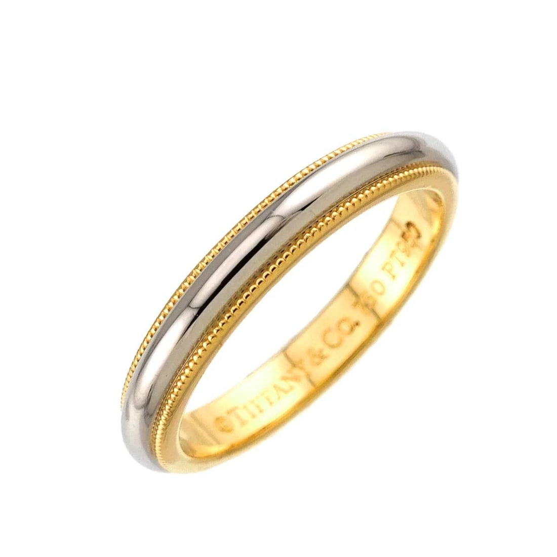TIFFANY CO. MILGRAIN BAND RING: TIFFANY Co. Milgrain Band Ring Brand: TIFFANY Co. Type: Ring Material: 18K Pt Gold, Color: Gold Size: 7.25-7.5(US) Accessories: None Accessories Notice: When purchasing pre-owned goods, pl