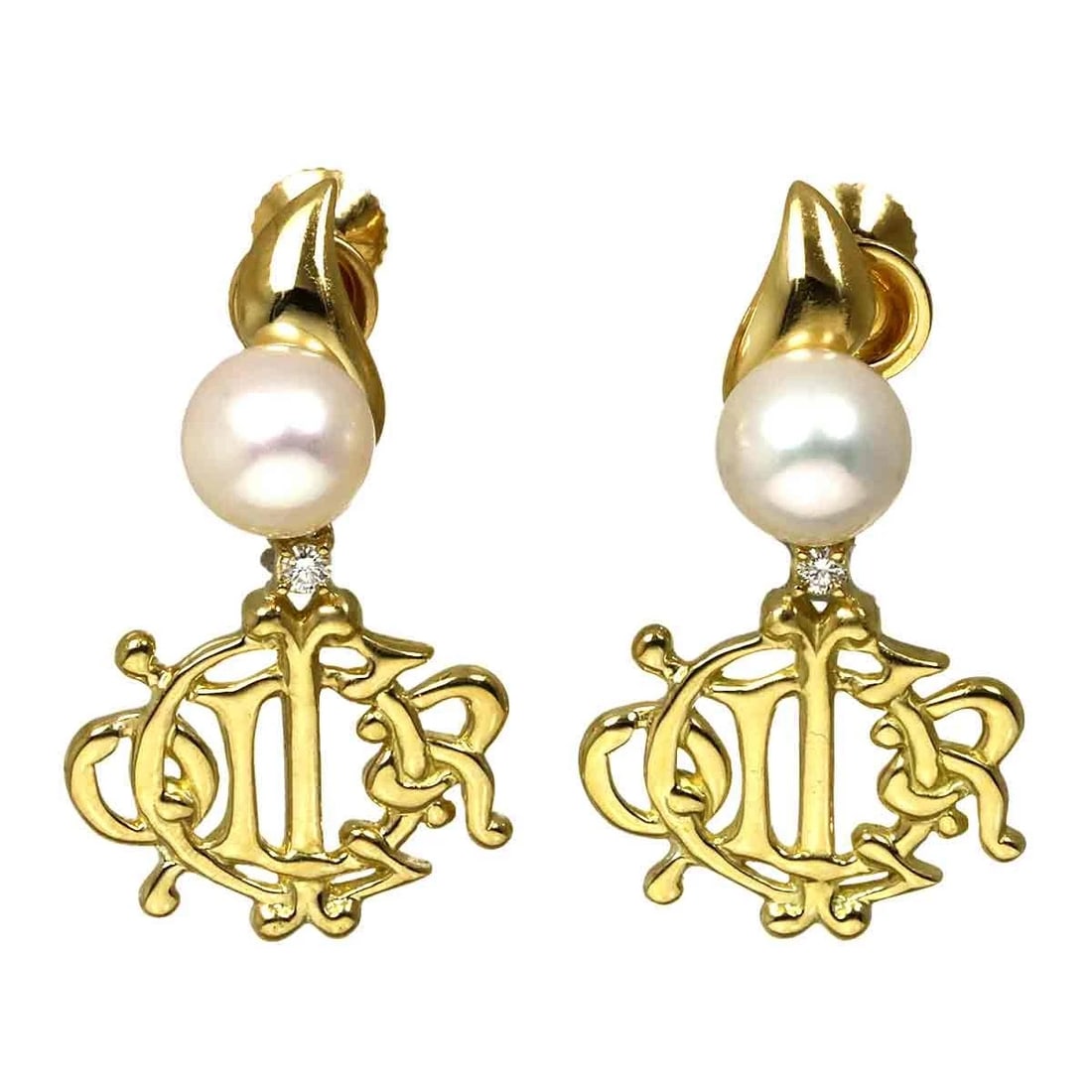 DIOR AKOYA PEARL DIAMOND EARRINGS 18K YG: Dior Akoya Pearl Diamond Earrings 18K YG Brand: Dior Type: Earrings Material: 18K Yellow Gold, Main Stone/Creation Akoya Pearl Color: Yellow Gold Size: Size W 17 X H 28.5mm Accessories: None