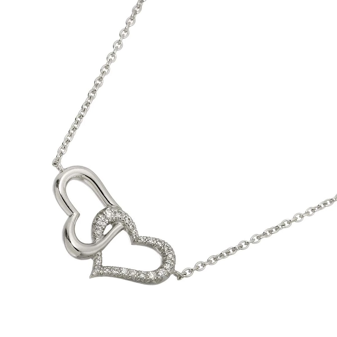 PIAGET LIME LIGHT DOUBLE HEART DIAMOND NECKLACE: PIAGET Lime Light Double Heart Diamond Necklace Brand: PIAGET Type: Necklace Material: 750 White Gold, Color: White Gold Size: internal circumference of the chain:16.5inch to 15.4inch Top Charm(ma