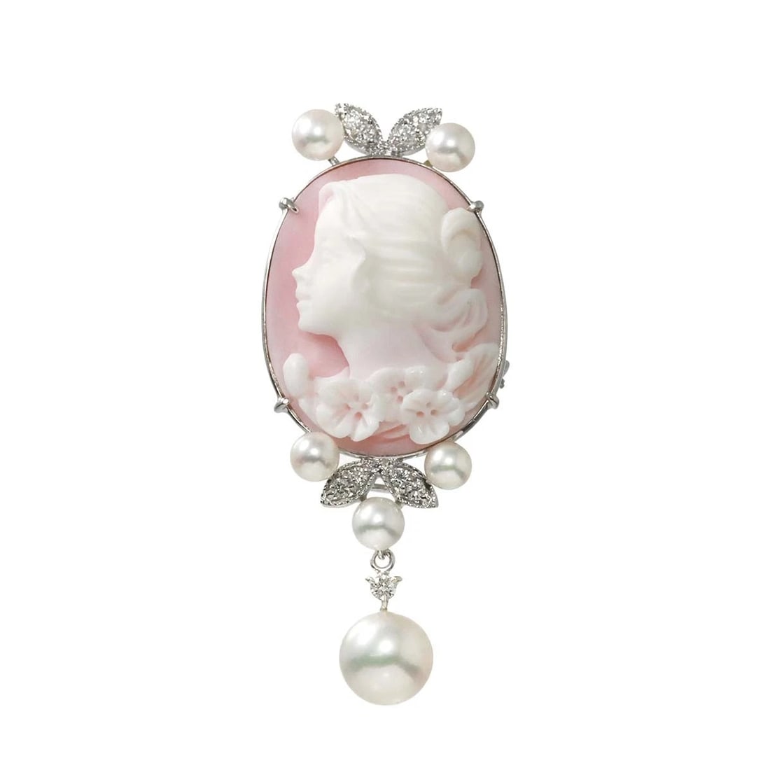 CAMEO AKOYA PEARL DIAMOND BROOCH PENDANT: Cameo Akoya Pearl Diamond Brooch Pendant Brand: Unbranded Type: Brooch Material: 750 White Gold, Color: White Gold Size: W 18X H 44.4mm Thickness:7.4mm bail:(inside dimension) 4.6X 4.3mm 