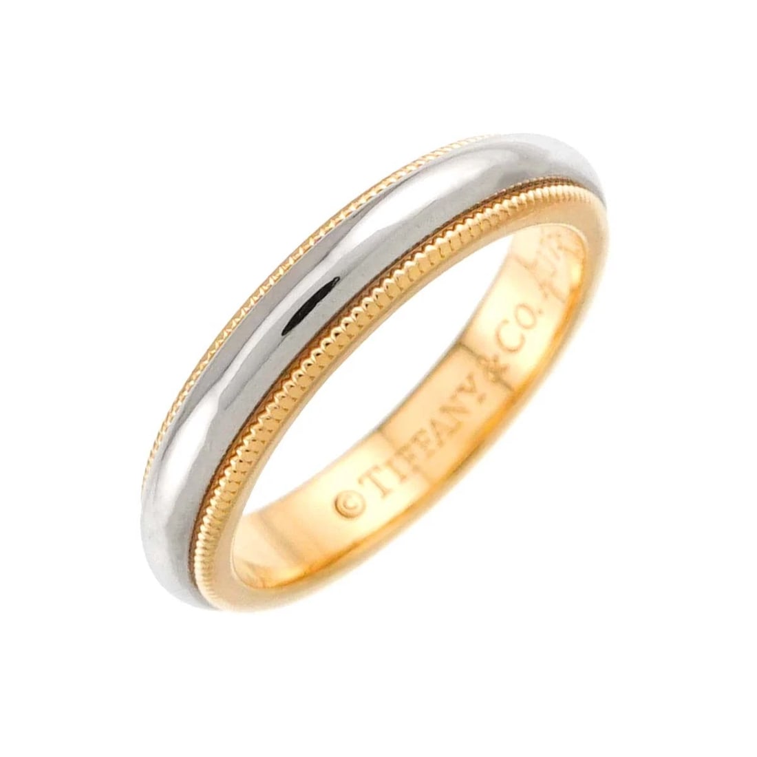 TIFFANY CO. MILGRAIN BAND RING: TIFFANY Co. Milgrain Band Ring Brand: TIFFANY Co. Type: Ring Material: 18K, Color: Gold Size: 3.75-4(US) Accessories: None Accessories Notice: When purchasing pre-owned goods, please refer to