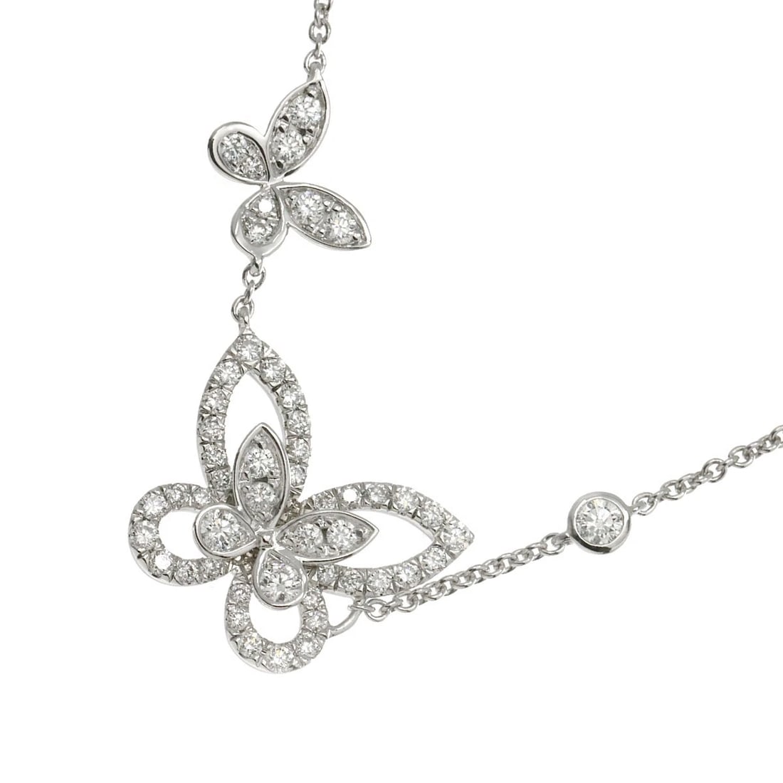 GRAFF DOUBLE BUTTERFLY SILHOUETTE DIAMOND NECKLACE: GRAFF Double Butterfly Silhouette Diamond Necklace Brand: GRAFF Type: Necklace Material: K18 White Gold, Color: White Gold Size: Size internal circumference of the chain: 18.1inch (Adjustable) Lar