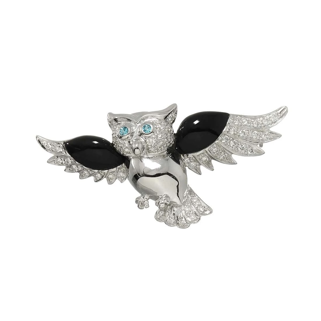 DIAMOND TREATED DIAMOND ONYX BROOCH: Diamond Treated Diamond Onyx Brooch Brand: Unbranded Type: Brooch Material: 750 White Gold, Color: White Gold Size: W 43 X H 21.2mm Thickness(max.):6.2mm Accessories: None Accessories Notice: