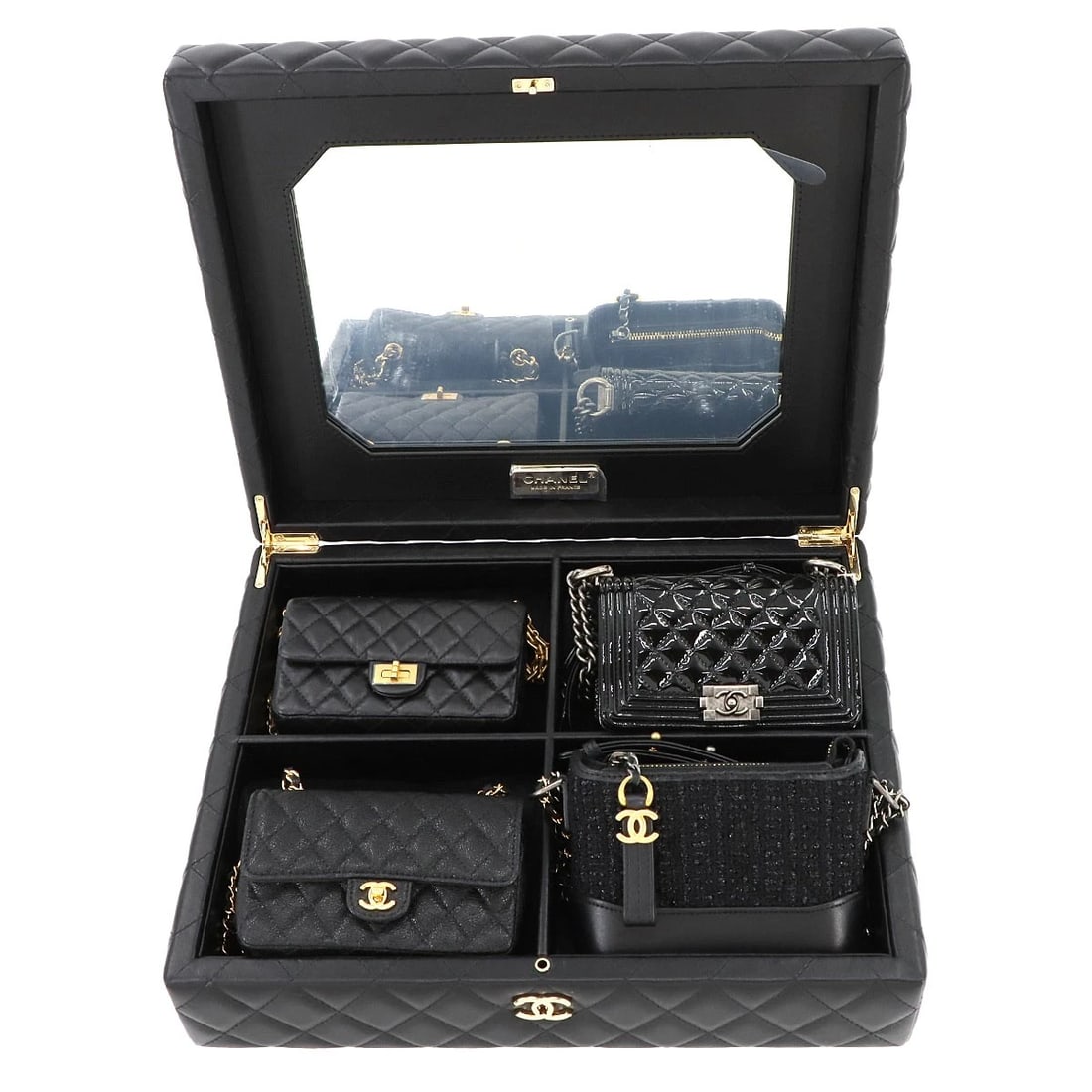 CHANEL MATELASSE MINI SHOULDER BAG 4 POINTS SET LEATHER: CHANEL Matelasse Mini Shoulder Bag 4 Points Set Leather Brand: CHANEL Type: Shoulder Bag Material: Leather , Caviar Skin Leather , Tweed , Enamel Color: Black Size: W 12.60 inch, H 3.74 inch, D 10