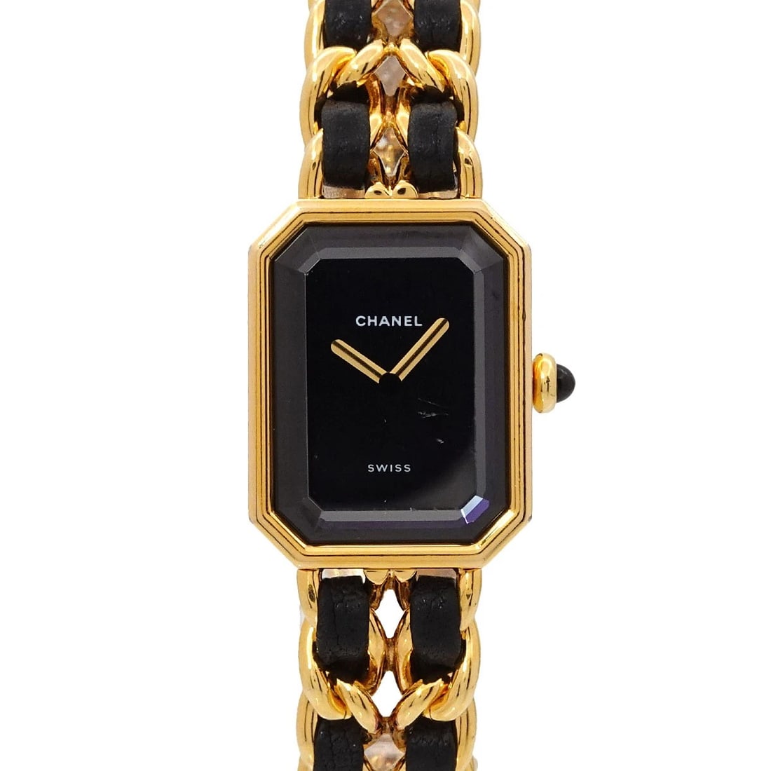 CHANEL PREMIERE BLACK WATCH WATCH: CHANEL Premiere Black Watch Watch Brand: CHANEL Type: Wristwatch Material: Stainless steel/YGP,Leather Color: Dial Color black Size: Case size Length 26mmWidth 20mm(not included crown) Accessorie