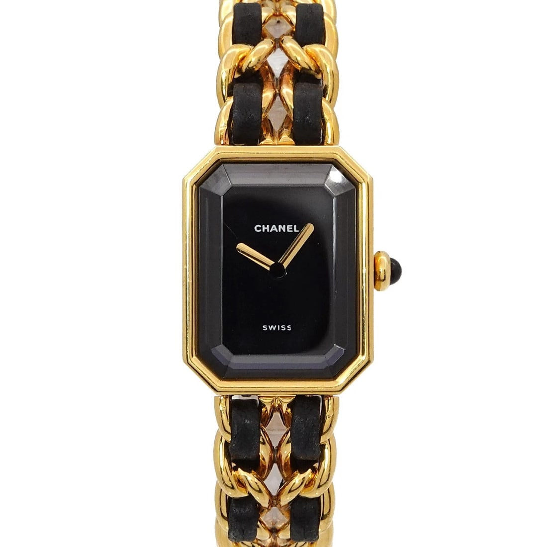 CHANEL PREMIERE BLACK WATCH WATCH: CHANEL Premiere Black Watch Watch Brand: CHANEL Type: Wristwatch Material: Stainless steel/YGP,Leather Color: Dial Color black Size: Case size Length 26mm(included lag)Width 20mm(not included crow