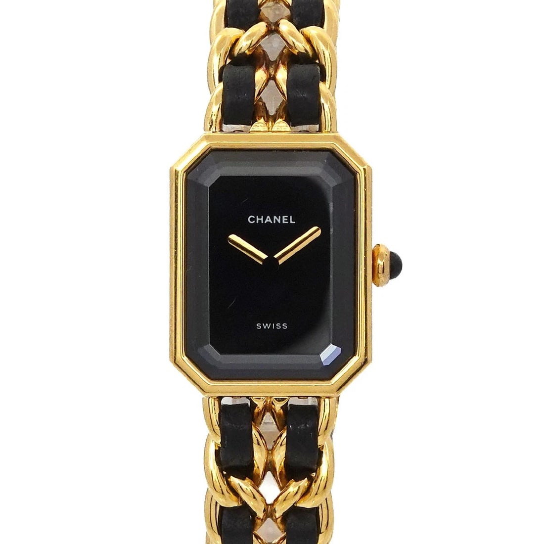 CHANEL PREMIERE BLACK WATCH WATCH: CHANEL Premiere Black Watch Watch Brand: CHANEL Type: Wristwatch Material: Stainless steel/YGP,Leather Color: Dial Color black Size: Case size Length 26mm(included lag)Width 20mm(not included crow