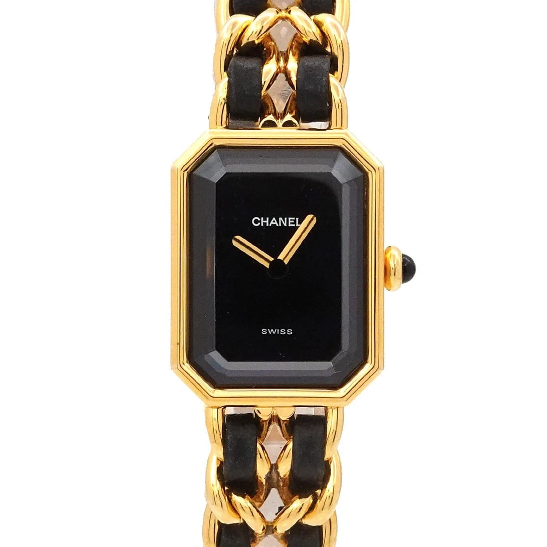 CHANEL PREMIERE BLACK WATCH WATCH: CHANEL Premiere Black Watch Watch Brand: CHANEL Type: Wristwatch Material: Stainless steel/YGP,Leather Color: Dial Color black Size: Case size Length 26mm(included lag)Width 20mm(not included crow