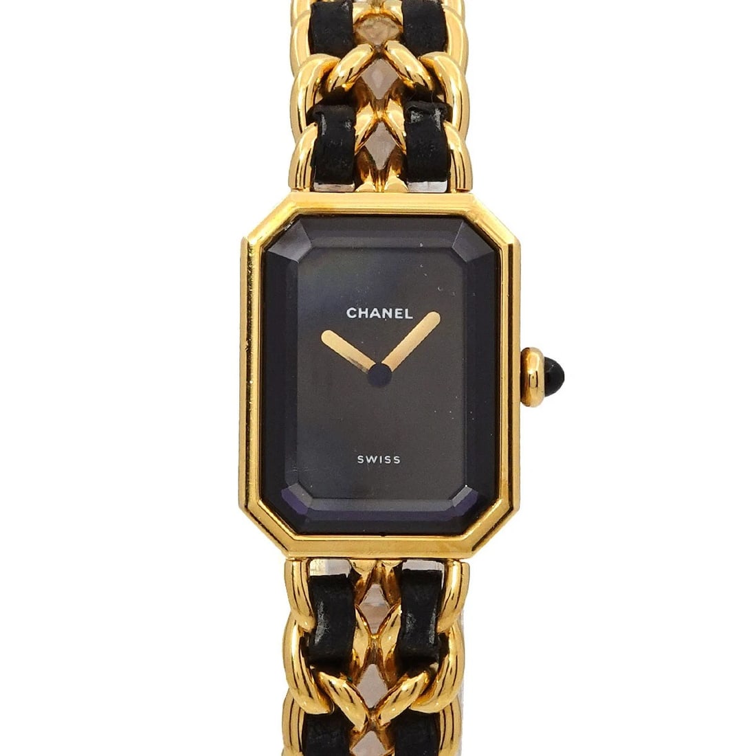 CHANEL PREMIERE BLACK WATCH WATCH: CHANEL Premiere Black Watch Watch Brand: CHANEL Type: Wristwatch Material: Stainless steel/YGP,Leather Color: Dial Color black Size: Case size Length 26mmWidth 20mm(not included crown) Accessorie