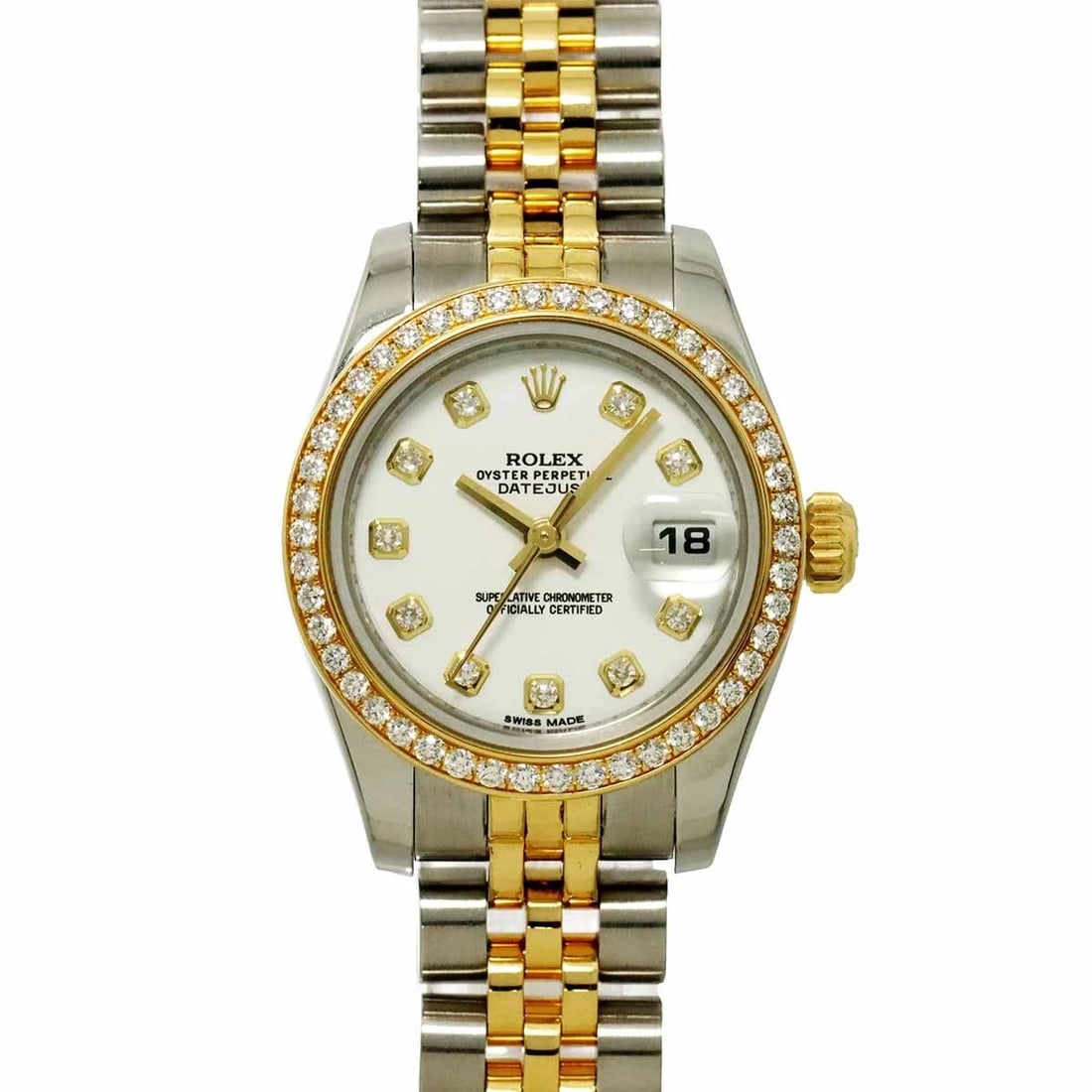 ROLEX DATEJUST DIAMOND 750 YG WHITE WATCH: ROLEX Datejust Diamond 750 YG White Watch Brand: ROLEX Type: Wristwatch Material: Stainless steel,750 Yellow Gold Color: Dial Color white Size: Case size Length 33mm(included lag)Width 26mm(not in