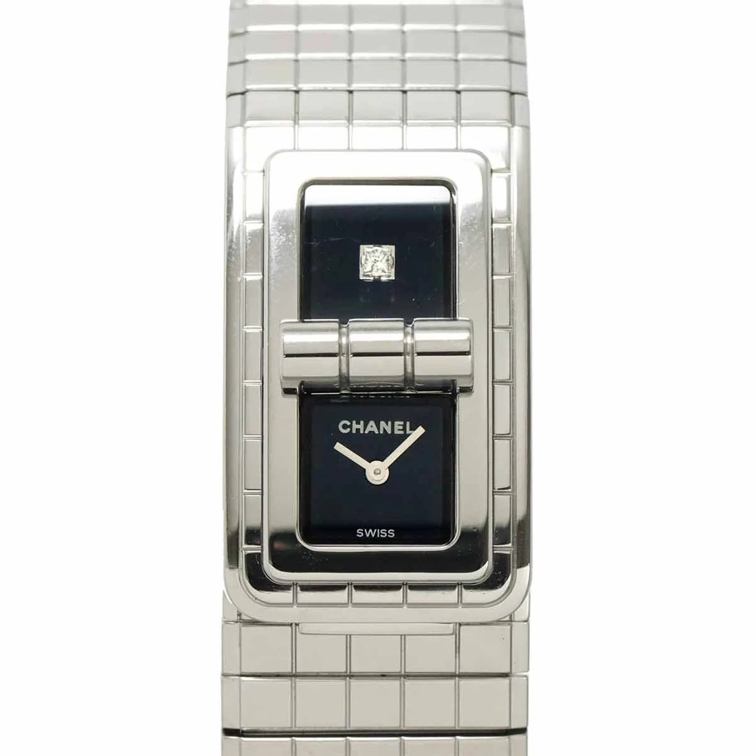 CHANEL DIAMOND BLACK WATCH WATCH: CHANEL Diamond Black Watch Watch Brand: CHANEL Type: Wristwatch Material: Stainless steel Color: Dial Color black Size: Case size Length 38mmWidth 21mm Accessories: None Accessories Notice