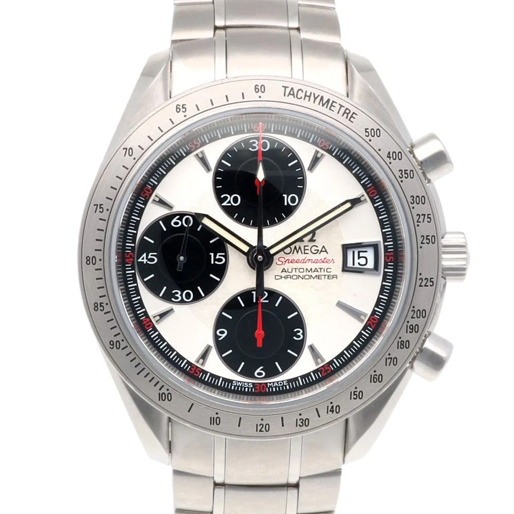 OMEGA SPEEDMASTER WATCHES STAINLESS STEEL CHRONOGRAPH WATCH: OMEGA Speedmaster Watches Stainless Steel Chronograph Watch Brand: OMEGA Type: Wristwatch Material: Stainless Steel Color: white Size: Case Diameter:40.0mmBand Length:6.5inch / 16.5cm Accessories