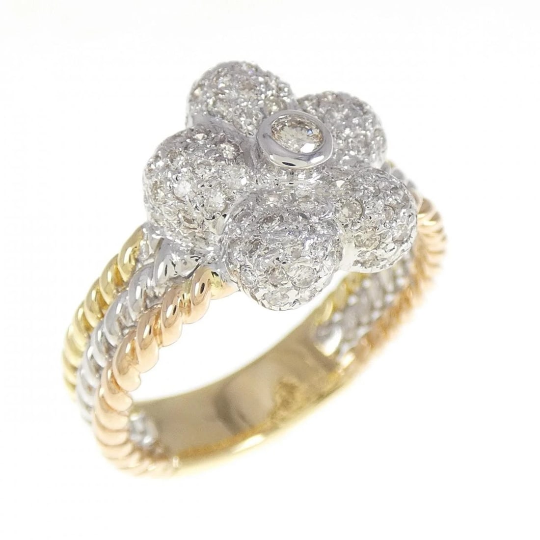 K18 THREE-COLOR FLOWER DIAMOND RING: K18 Three-Color Flower Diamond Ring Brand: Unbranded Type: Diamond ring Material: 18K Yellow Gold / 18K White Gold / 18K Pink Gold, Main Stone/Creation Natural Color: YG,WG,PG Size: US9.75 