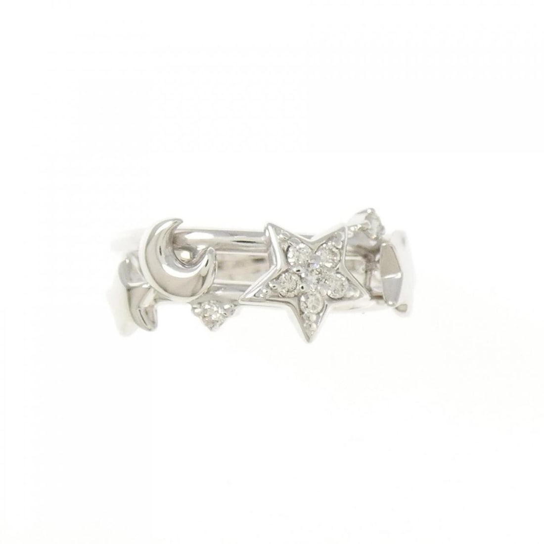 K18WG STAR X MOON DIAMOND RING: K18WG Star x Moon Diamond Ring Brand: Unbranded Type: Diamond ring Material: K18 white gold, Main Stone/Creation Natural Color: White Gold Size: US3.5 Accessories: None Accessories Notice: