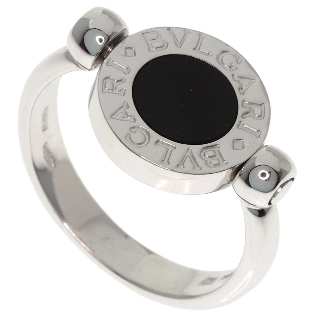 FLIP ONYX DIAMOND RING: Flip Onyx Diamond Ring Brand: BVLGARI Type: Ring Material: K18 White Gold, Color: Silver Size: 4(US) Accessories: None Accessories Notice: When purchasing pre-owned goods, please refer to