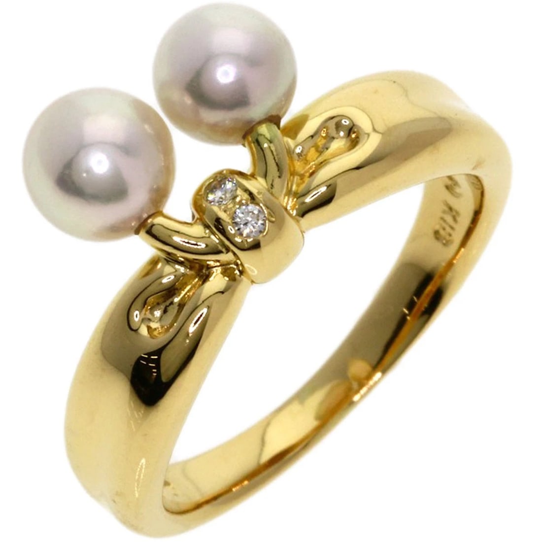 TASAKI PEARL 2P DIAMOND RING K18 YELLOW GOLD: TASAKI Pearl 2P Diamond Ring K18 Yellow Gold Brand: TASAKI Type: Ring Material: K18 Yellow Gold, Main Stone/Creation Pearl Color: Gold Size: 5.25(US) Accessories: None Accessories Notice: