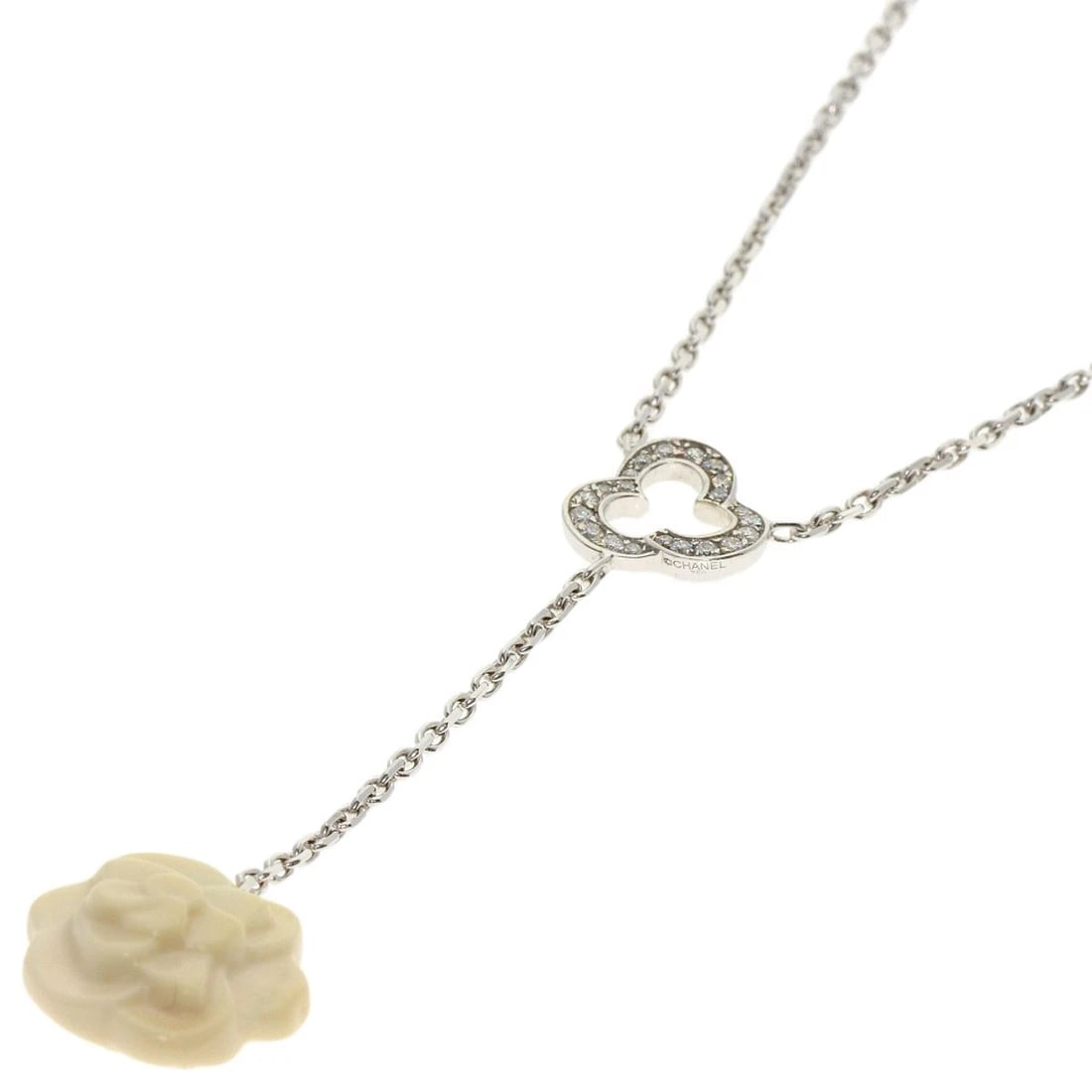 CHANEL CAMELLIA DIAMOND NECKLACE K18 WHITE GOLD: CHANEL Camellia Diamond Necklace K18 White Gold Brand: CHANEL Type: Necklace Material: K18 White Gold, Main Stone/Creation Natural Color: Silver Size: Chain Length:16.3inch/41.5cm Chain Width:0.6i