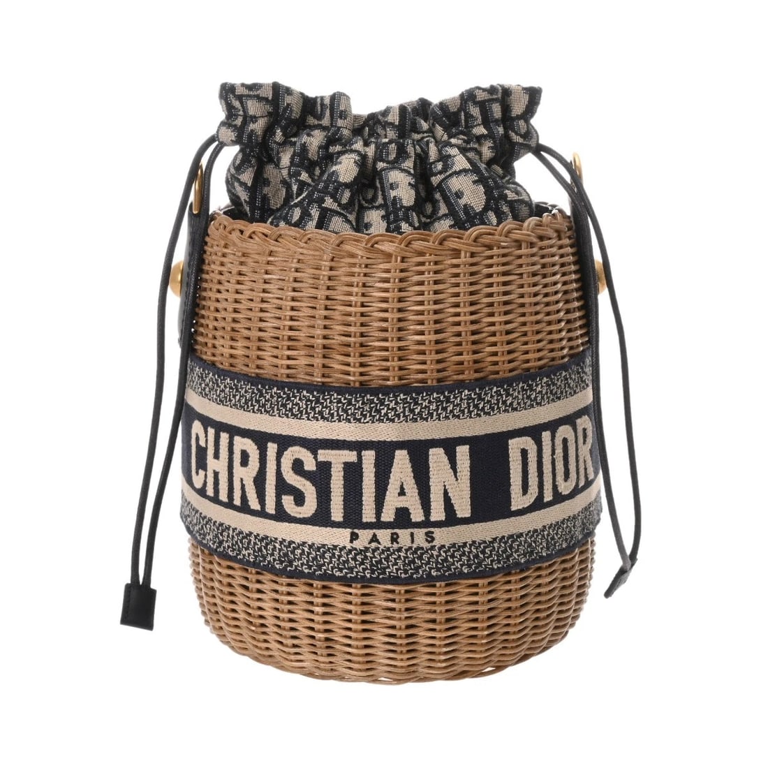 DIOR WICKER SHOULDER BAG: Dior Wicker Shoulder Bag Brand: Dior Type: Shoulder Bag Material: Oblique jacquard canvas/Rattan Color: Beige / navy × Gold Metal Size: H:about 10.8inch W:about 6.9inch D:about 6.7inch Shoulder:a