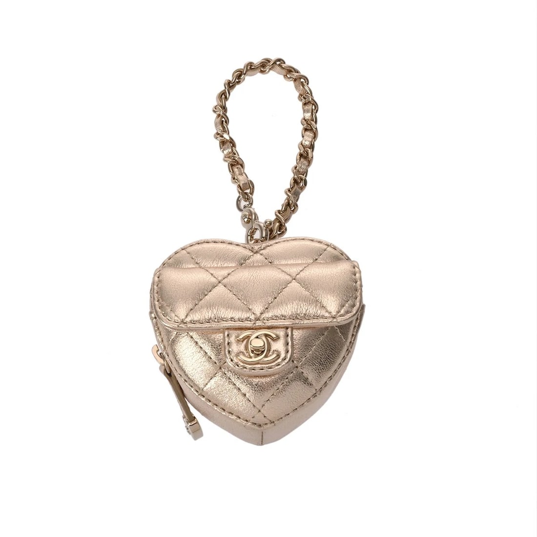 CHANEL MINI HEART BAG CHARM MATRASSE GOLD BAG CHARM: CHANEL Mini Heart Bag Charm Matrasse gold Bag charm Brand: CHANEL Type: Bag charm Material: shiny lambskin Color: gold × Gold Metal Size: Total Length:7.5inch H:about 3.1inch W:about 3.1inch D:ab