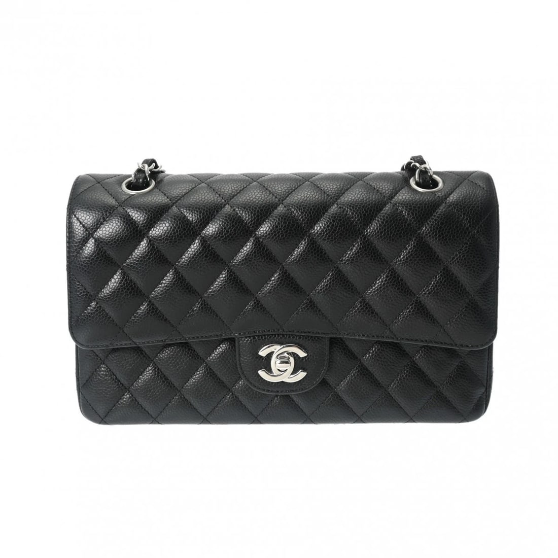 CHANEL CLASSIC HANDBAG SHOULDER BAG: CHANEL Classic Handbag Shoulder Bag Brand: CHANEL Type: Shoulder Bag Material: Grained calfskin Color: black × SilverMetal Size: H:about 5.9inch W:about 9.8inch D:about 2.4inch Handle:about
