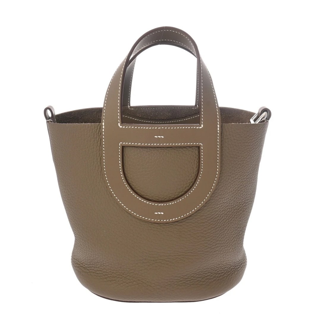 HERMES IN THE LOOP 18 TAURILLON CLEMENCE HANDBAG: HERMES in the loop 18 Taurillon Clemence Handbag Brand: HERMES Type: Handbag Material: Taurillon Clemence/Vaux Swift Color: Etope × SilverMetal Size: H:about 7.9inch W:about 6.9inch (Bottom)