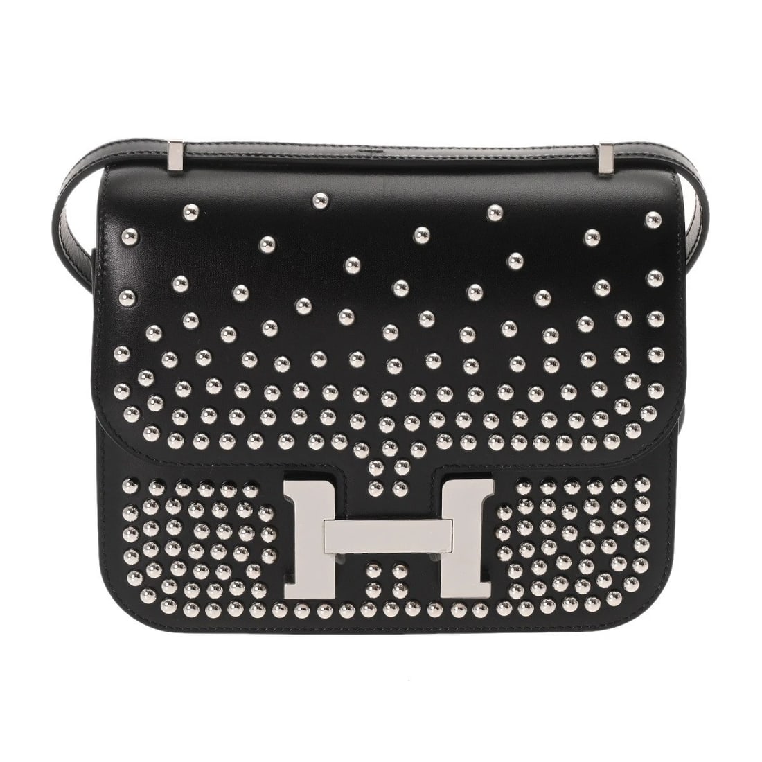 HERMES CONSTANCE 3 18 MIROIR CLOUTE SHOULDER BAG: HERMES Constance 3 18 Miroir Cloute Shoulder Bag Brand: HERMES Type: Shoulder Bag Material: Box scarf Color: black × SilverMetal Size: H:about 5.9inch W:about 7.1inch D:about 1.2inch